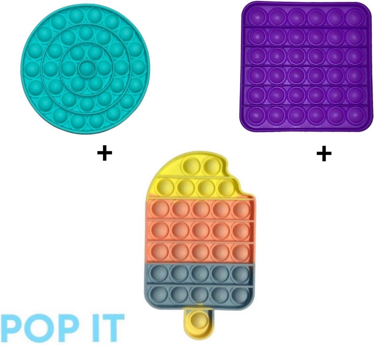 POP IT | Fidget toys pakket | Unieke Set 3 in 1  Rond spiraal Turquoise + Vierkant paars + Multi ijsje | Meisjes√ jongens√ volwassenen√ | Trend 2021 | Anti stress | Cadeautip